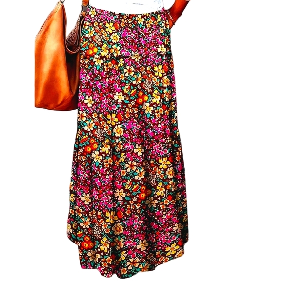Bohemian Long Skirt Pink Yellow Floral Fall Loose Pleated Maxi Pocket Skirts - Picture 3 of 7